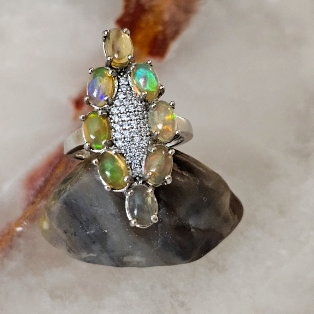 Ethiopian Opal and CZ Sterling Silver Navette Ring Size 7